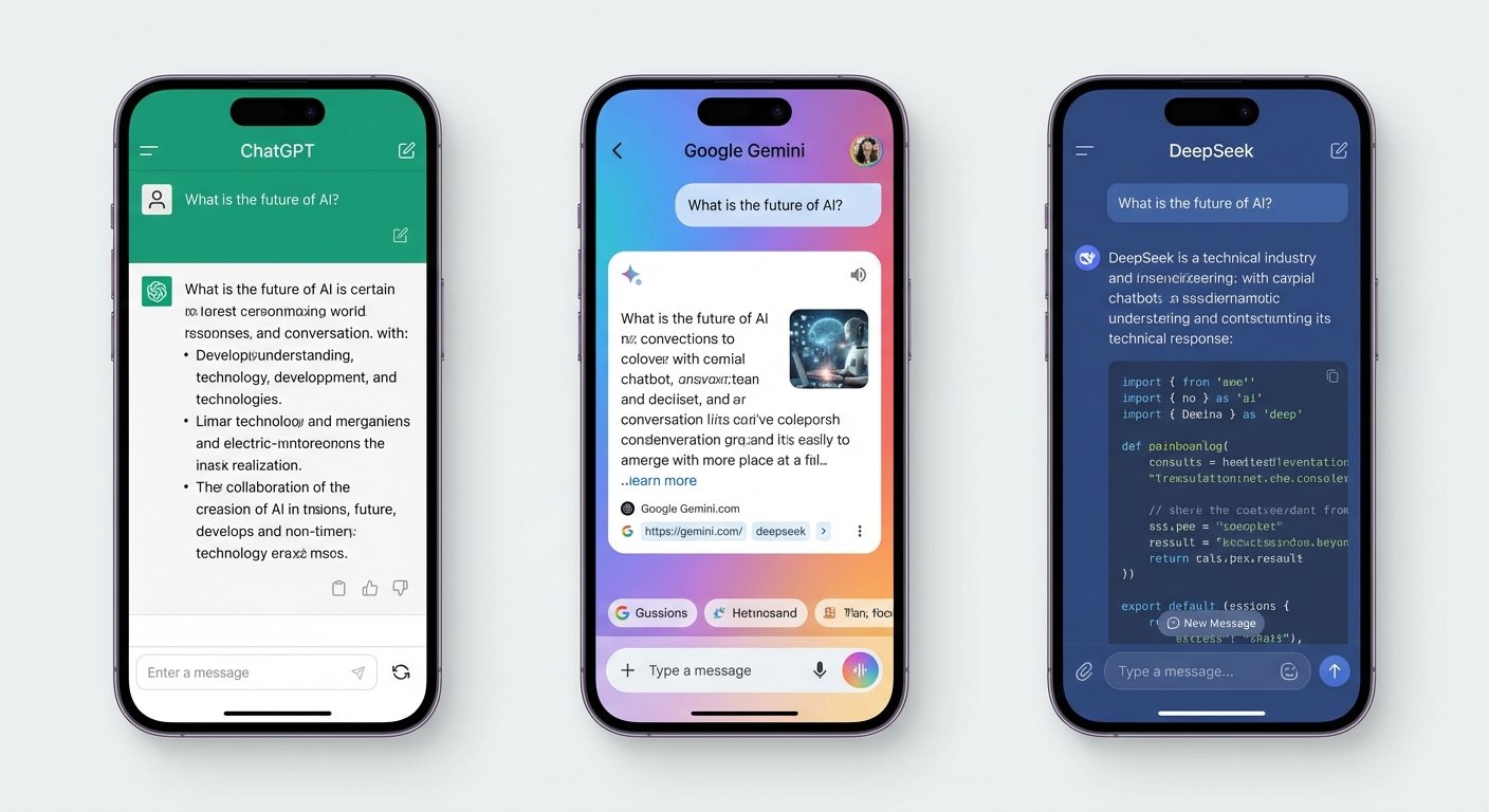 Perbandingan antara muka ChatGPT Gemini dan DeepSeek