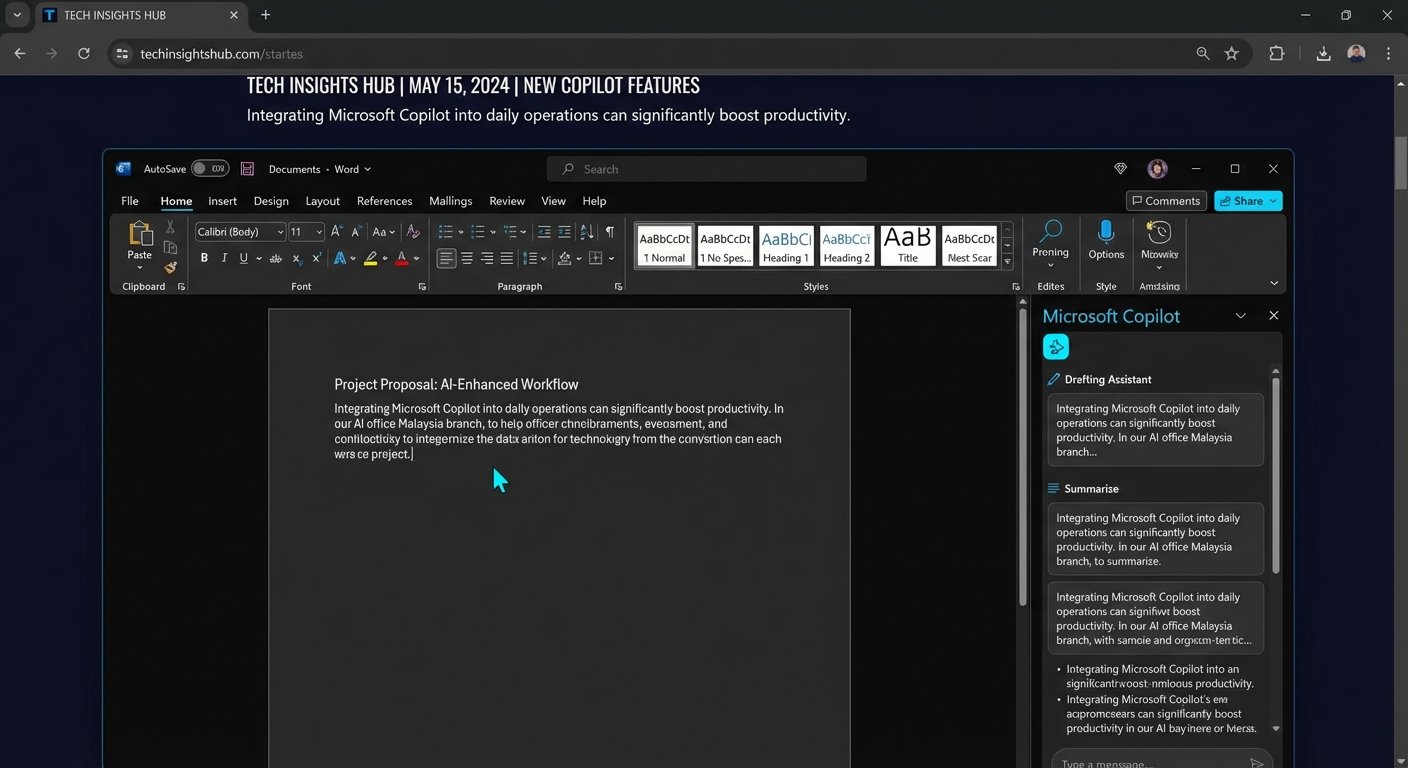 Panel Copilot terbuka dalam Microsoft Word dengan prompt box di sebelah kanan, menunjukkan dokumen laporan dalam proses penulisan