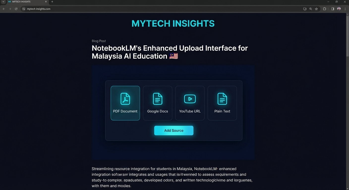 Halaman upload sumber NotebookLM menunjukkan pelbagai pilihan format PDF Google Docs YouTube URL teks biasa dengan butang Add Source