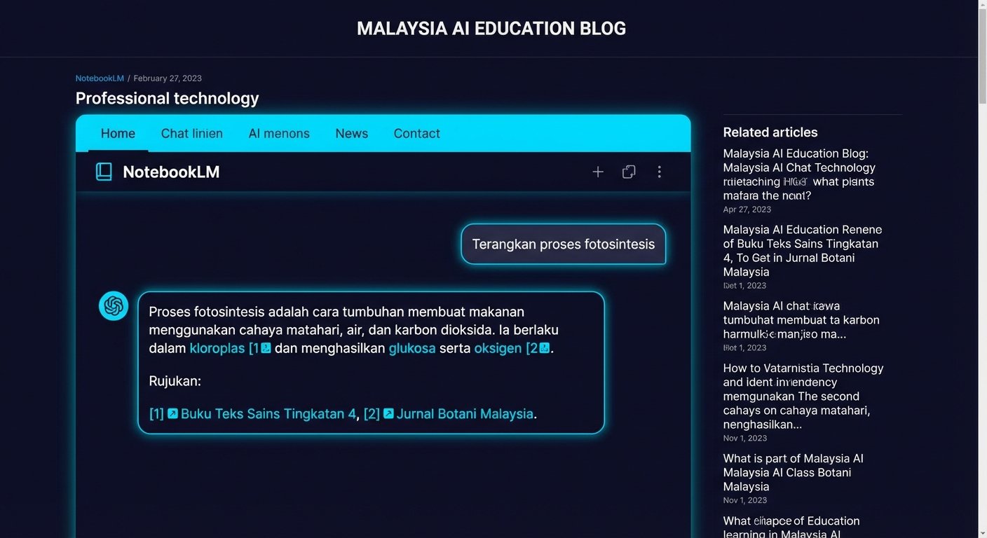 Antara muka chat NotebookLM dengan contoh soalan dan jawapan AI yang lengkap dengan rujukan kepada sumber