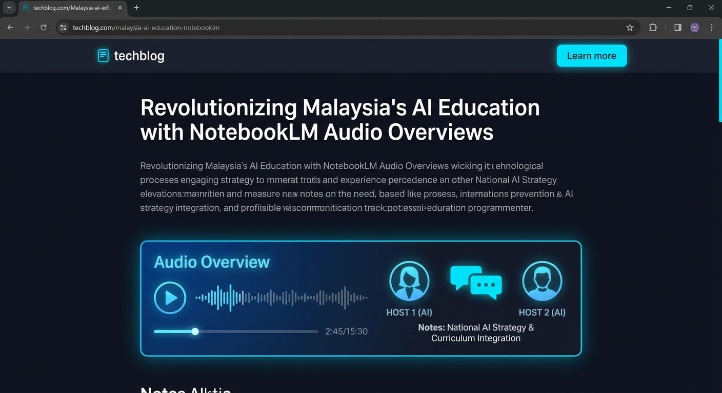 Panel Audio Overview NotebookLM menunjukkan dua hos podcast AI sedang berbincang tentang kandungan nota dengan butang play dan progress bar audio